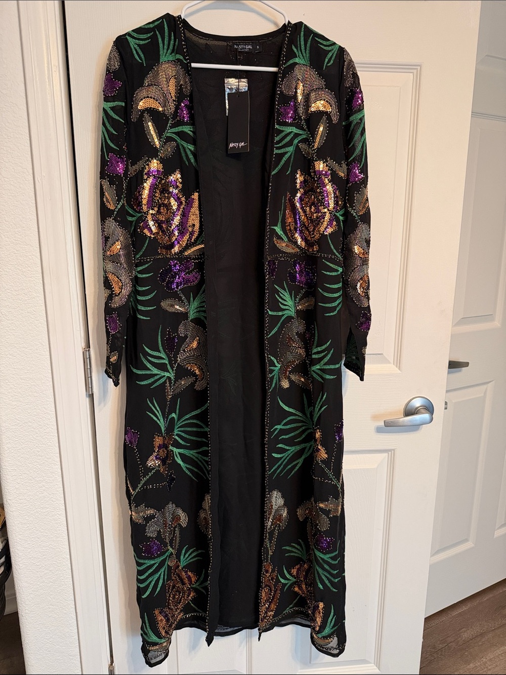 Nasty Gal Black Long Sequin Floral Duster with Gold, Purple & Green Embroidery